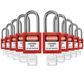 10 Pack Red Keyed Alike Lockout Tagout Padlocks, Loto Locks Anti-Corrosion Cylinder Safety locks, 1 Key Each, Nylon Body, Key-Retaining Design, Stainless Steel Shackle, EN/FR/ES Labels