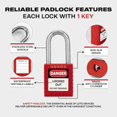 10 Pack Red Keyed Alike Lockout Tagout Padlocks, Loto Locks Anti-Corrosion Cylinder Safety locks, 1 Key Each, Nylon Body, Key-Retaining Design, Stainless Steel Shackle, EN/FR/ES Labels