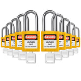 10 Pack Red Keyed Alike Lockout Tagout Padlocks, Loto Locks Anti-Corrosion Cylinder Safety locks, 1 Key Each, Nylon Body, Key-Retaining Design, Stainless Steel Shackle, EN/FR/ES Labels