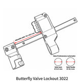 Butterfly Valve Lockout 3022 diagram showing adjustable width 70.1–210.1 mm and valve fit dimensions 31.5 mm and 35.3 mm