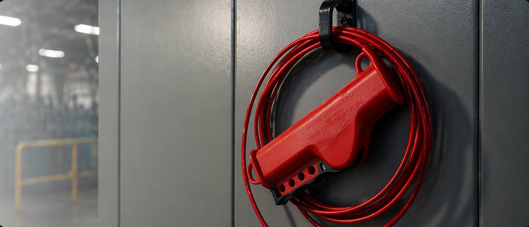 Boviisky red adjustable cable lockout mounted on industrial equipment