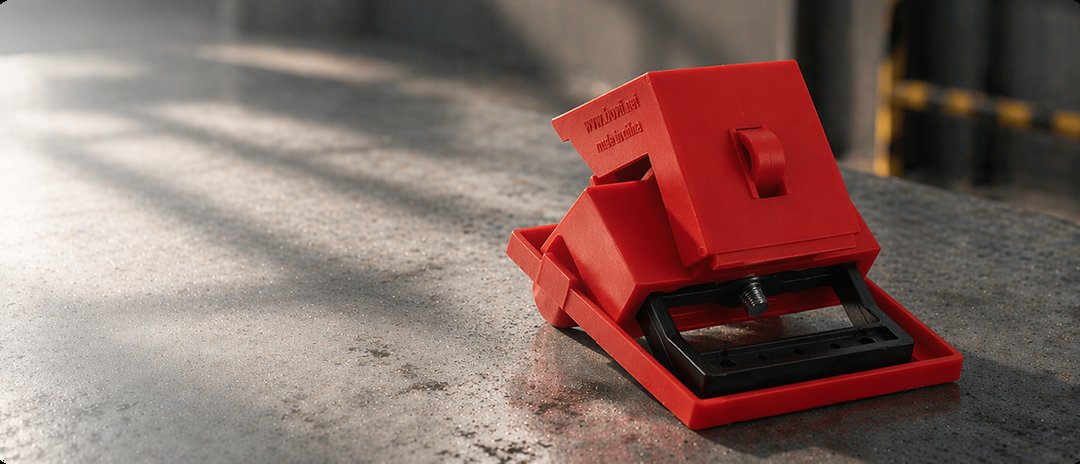 Boviisky red circuit breaker lockout device in an industrial workspace