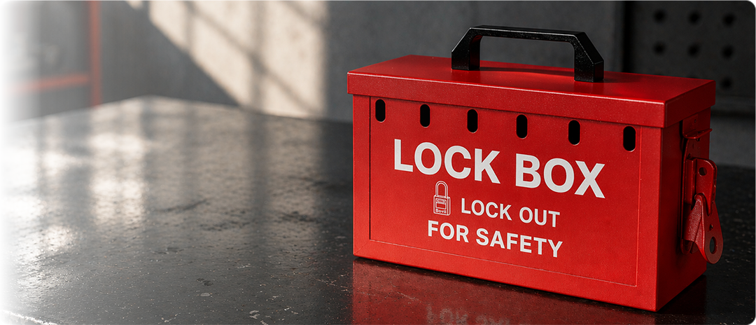 Boviisky portable red group lockout box in an industrial workspace