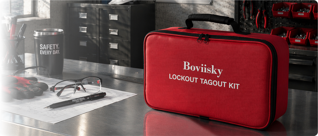 Boviisky red lockout tagout kit bag in an industrial workspace