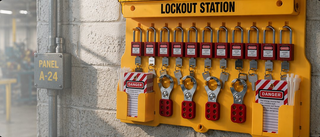Boviisky yellow lockout station with safety padlocks, hasps and tags