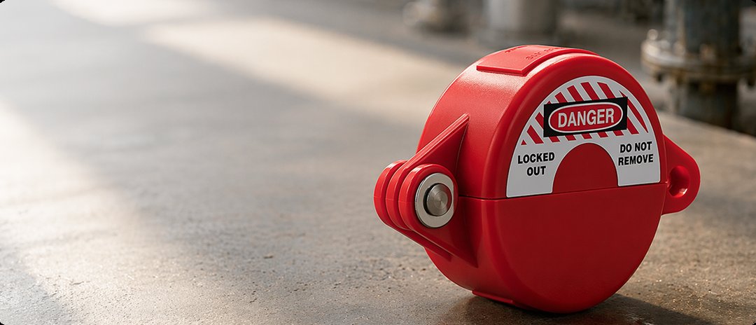Boviisky red valve lockout device installed on industrial piping